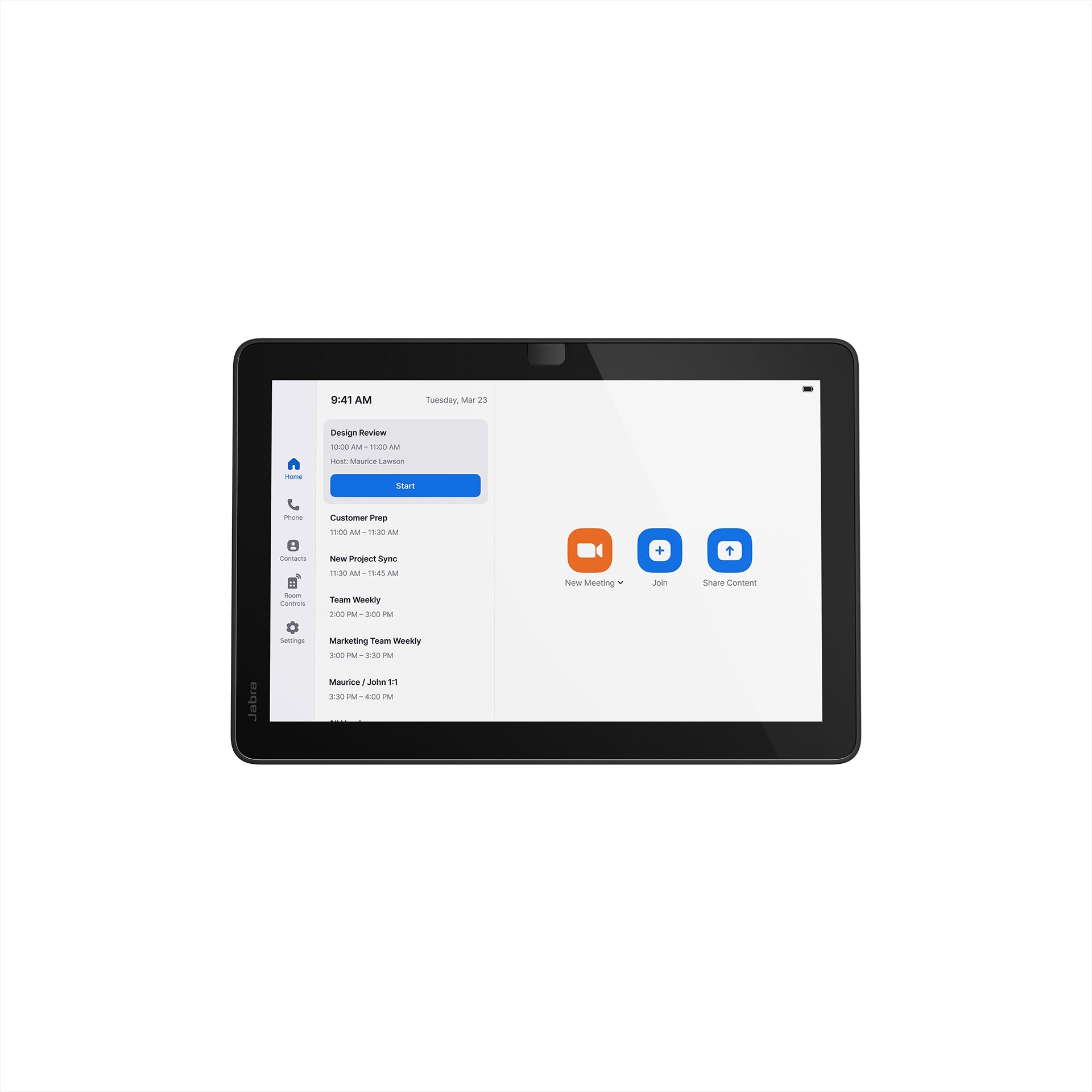 Voorkant van de Jabra Control IP touchscreen controller voor Zoom Room vergaderingen