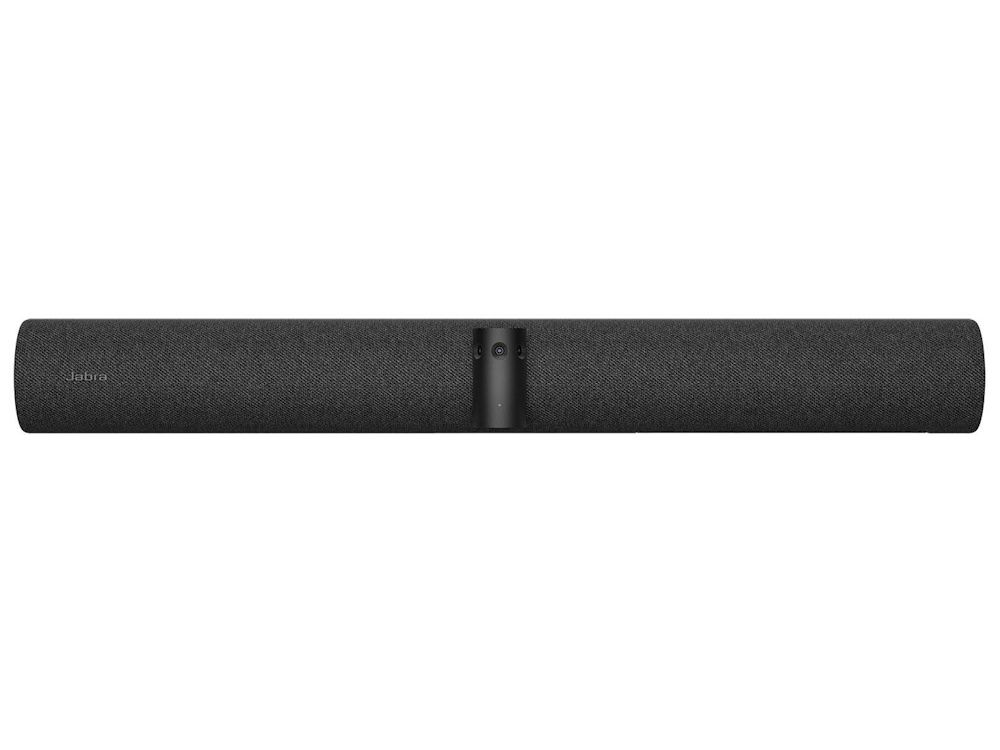 Voorkant van de Jabra PanaCast 50 Black 180° 4K Collaboration Bar met licht erop schijnend
