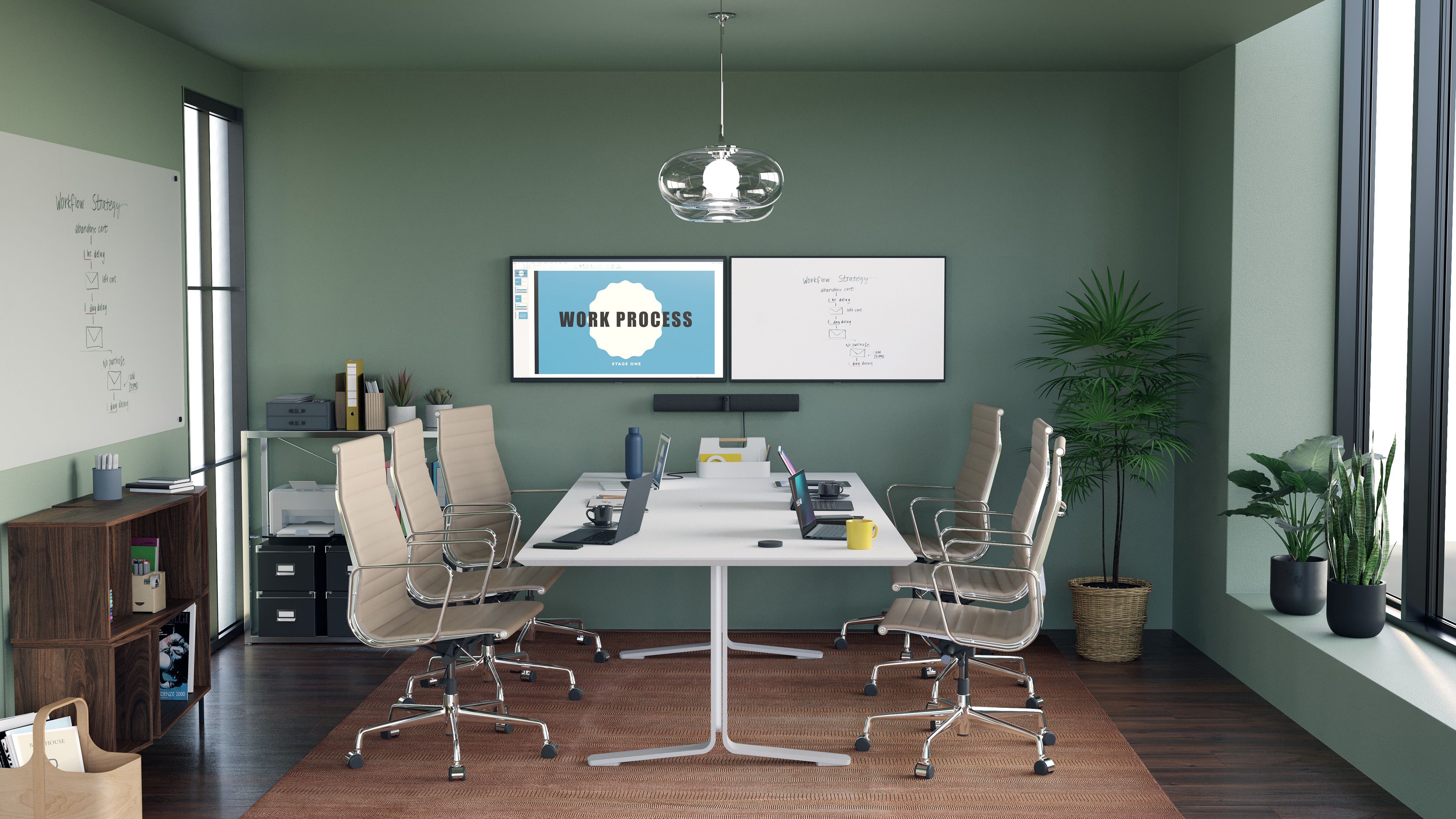 De Jabra PanaCast 50 Black 180° 4K Collaboration Bar in een vergaderruimte met whiteboard