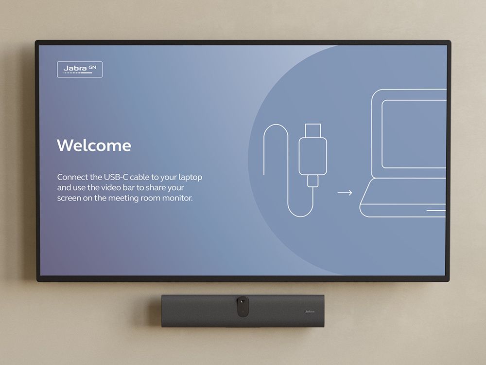 Compacte Jabra PanaCast U30 USB videobar voor kleine BYOD vergaderruimtes met onboarding achtergrond op display