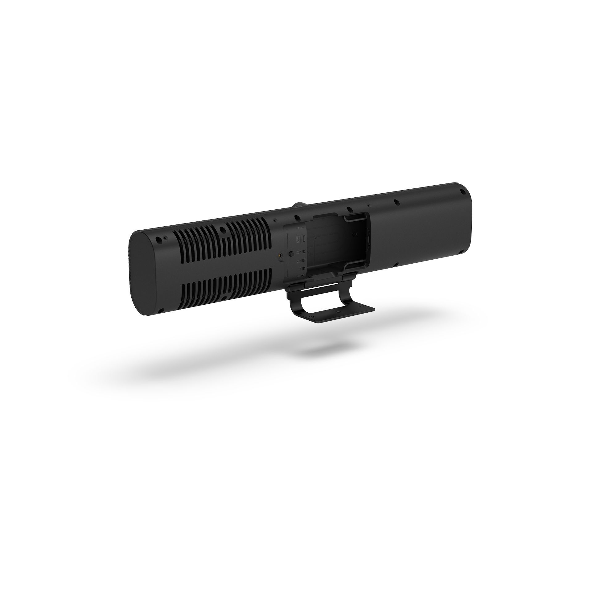 Compacte Jabra PanaCast U30 USB videobar voor kleine vergaderruimtes achterkant schuin met muurbeugel uitgeklapt
