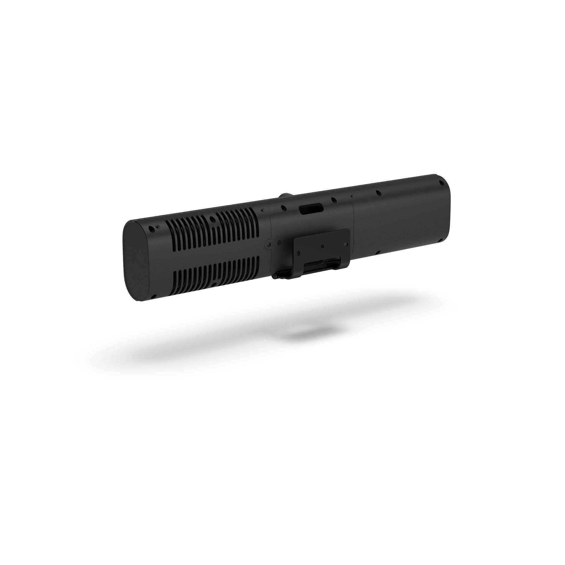 Compacte Jabra PanaCast U30 USB videobar voor kleine vergaderruimtes achterkant schuin met muurbeugel vast