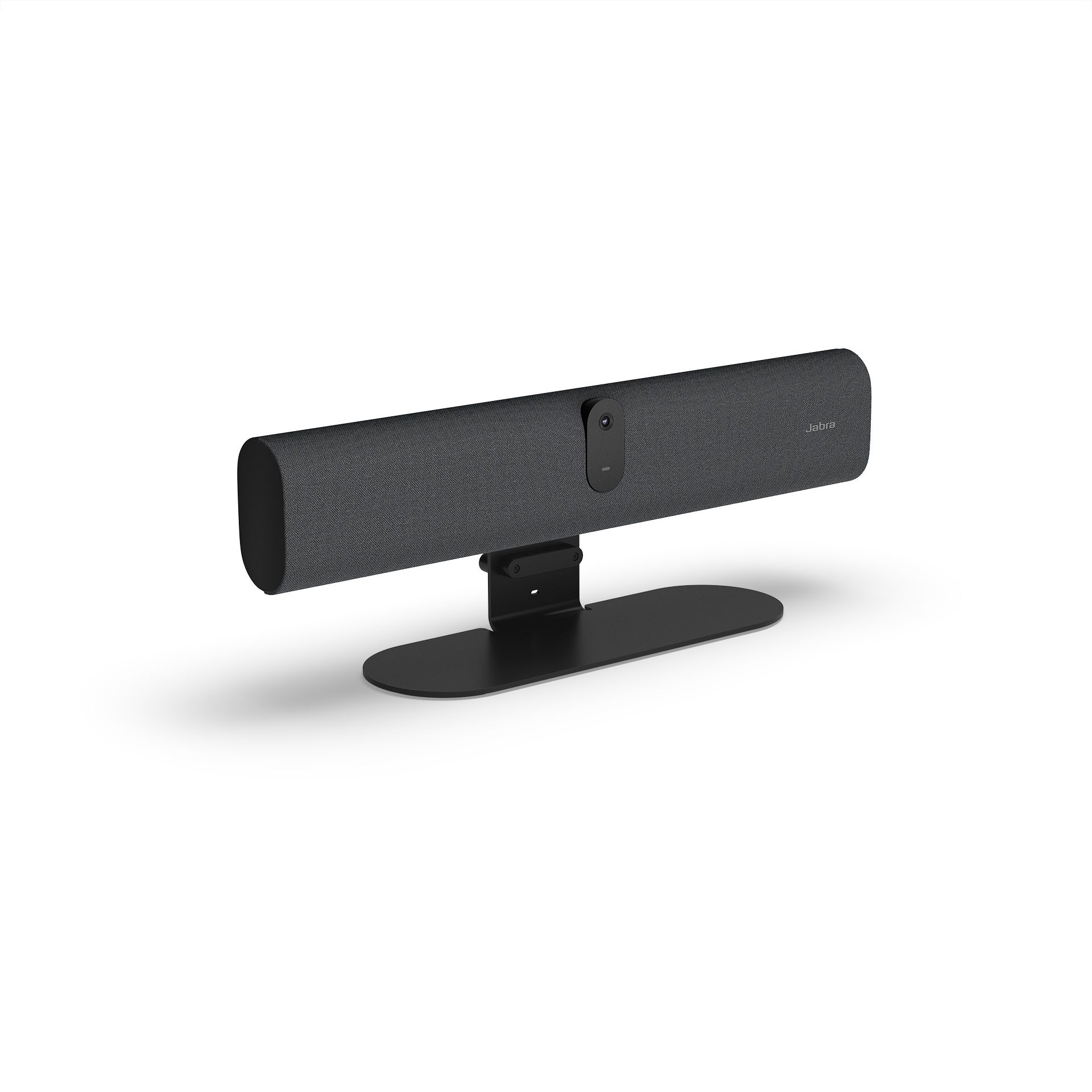 De Compacte Jabra PanaCast U30 USB videobar voor kleine vergaderruimtes op een bureaustandaard schuin
