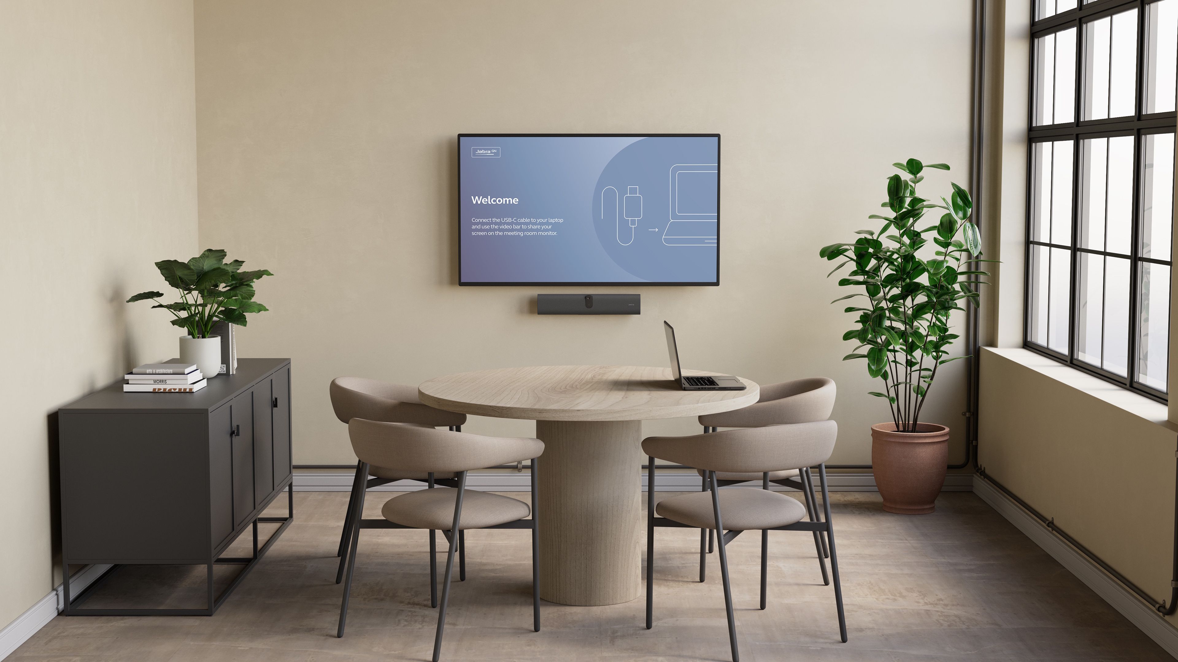 Compacte Jabra PanaCast U30 USB videobar voor kleine BYOD vergaderruimtes met onboarding achtergrond op display