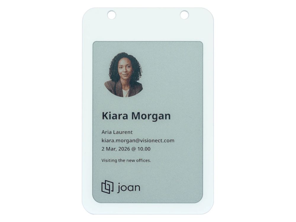 Joan ePaper Badge duurzame en herbruikbare naamkaart voor bezoekers