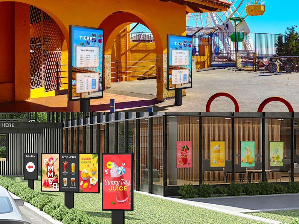 Meerdere LG 55XE4P-B high brightness 4000 nits outdoor led displays zijn in gebruik binnen en buiten voor 24/7 digital signage
