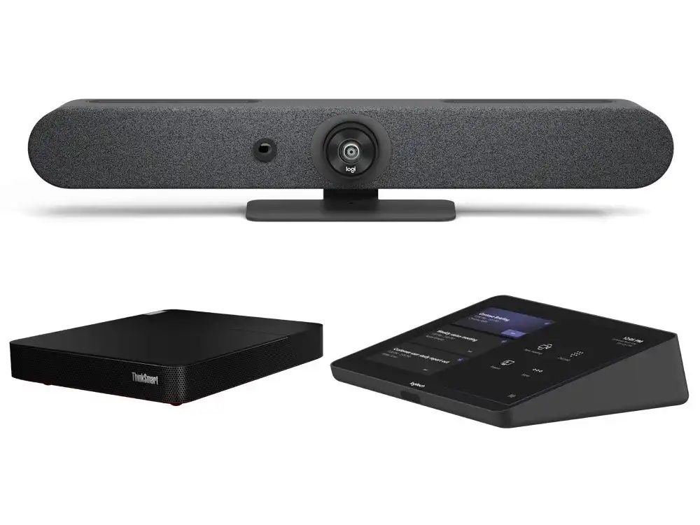 Complete Logitech Microsoft Teams Rooms Oplossing voor Kleine Ruimtes met Logitech Tap touch controller en Logitech Rally Bar Mini videobar en Lenovo ThinkSmart Core pc