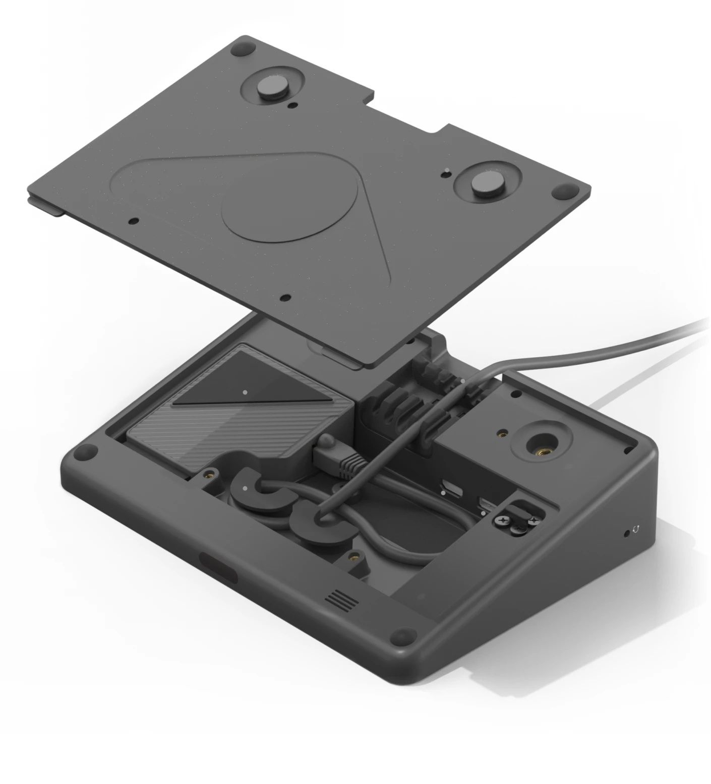 Achterkant en binnenkant van de Logitech Tap touch controller