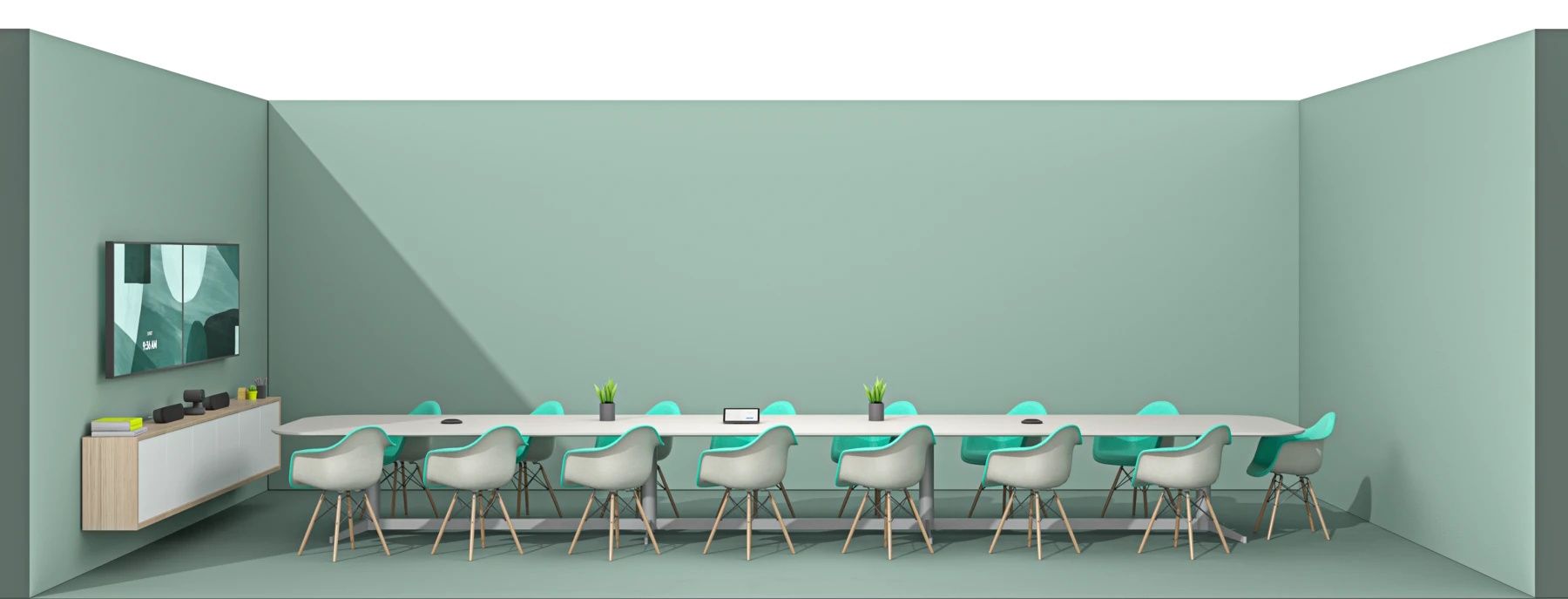 De Logitech Microsoft Teams Rooms Oplossing voor Grote Ruimtes in gebruik in een grote vergaderruimte of boardroom