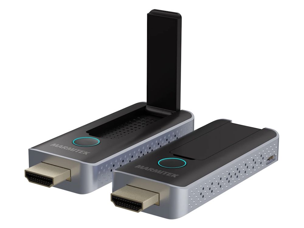 Transmitter en receiver van het Marmitek Stream S2 Pro draadloze HDMI presentatiesysteem