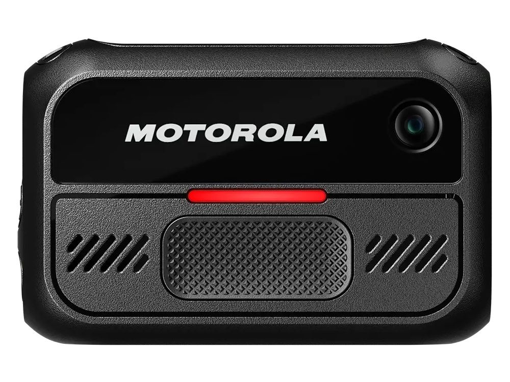Voorkant van de Motorola V200 Bodycam met camera en opname knop