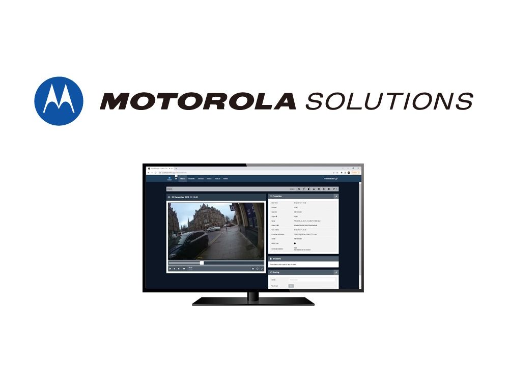 Afbeelding bij de Motorola VideoManager softwarelicentie voor de V200 bodycams met logo en monitor