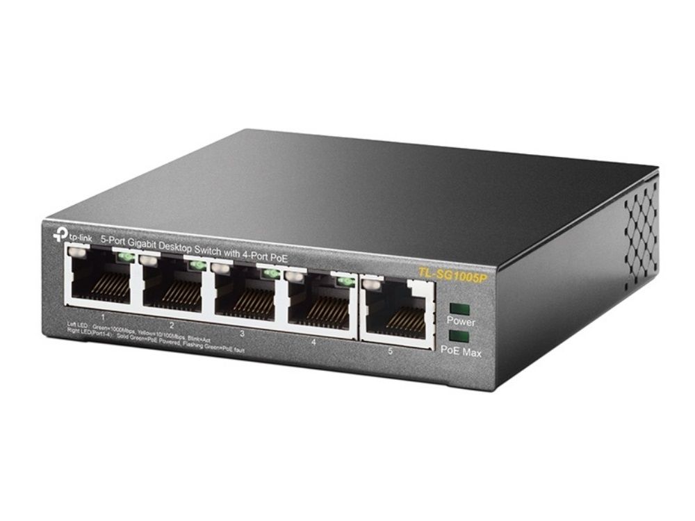 Zijkant en voorkant van de TP-Link TL-SG1005P 5-poorts Gigabit PoE switch met ethernetpoorten