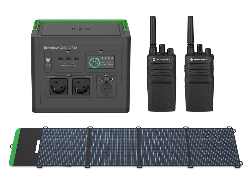 Noodstroom Premium Pakket voor communicatie en noodstroom voorziening met 2x Motorola XT420 portofoon en 1x Schneider Electric PPS730-GR draagbaar oplaadstation en 1x Schneider Offgrid PSP200 zonnepaneel