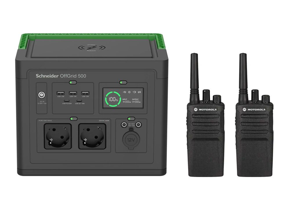 Noodstroom Starter Pakket voor communicatie en noodstroom voorziening met 2x Motorola XT420 portofoon en 1x Schneider Electric PPS500-GR draagbaar oplaadstation