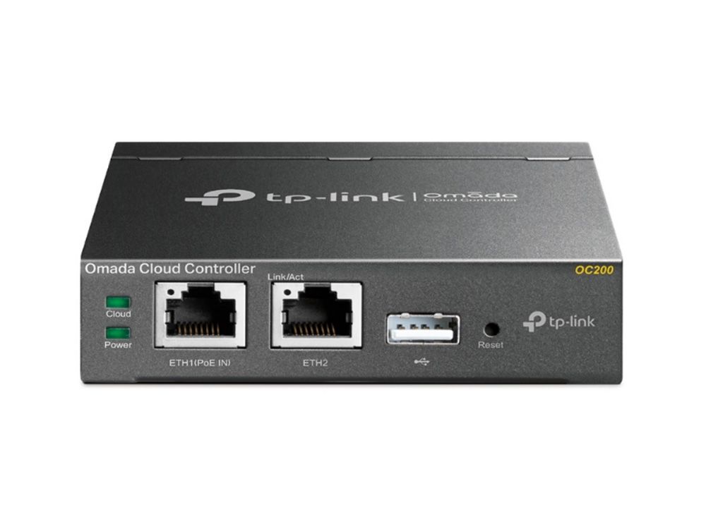 Voorkant van de Omada by TP-Link OC200 controller met de ethernetpoorten en andere aansluitingen zichtbaar