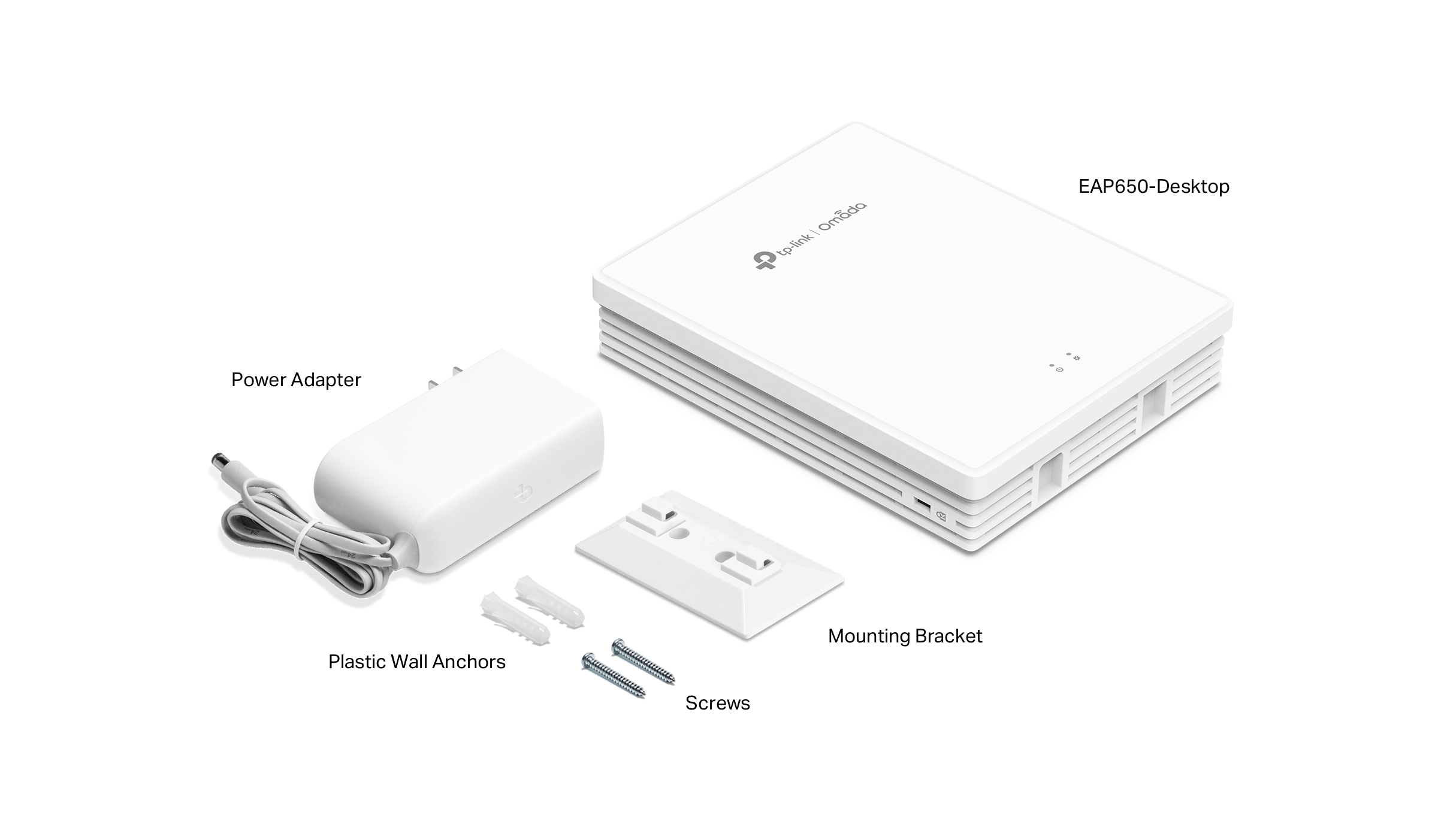 Verpakkingsinhoud van de Omada by TP-Link EAP650-desktop WiFi 6 indoor access points