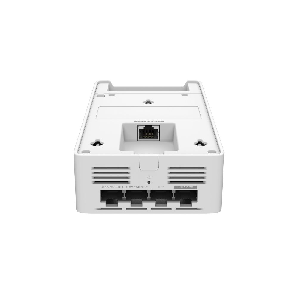 Onderkant en achterkant van het Omada by TP-Link EAP775-Wall indoor WiFi 7 in-wall access point met alle poorten
