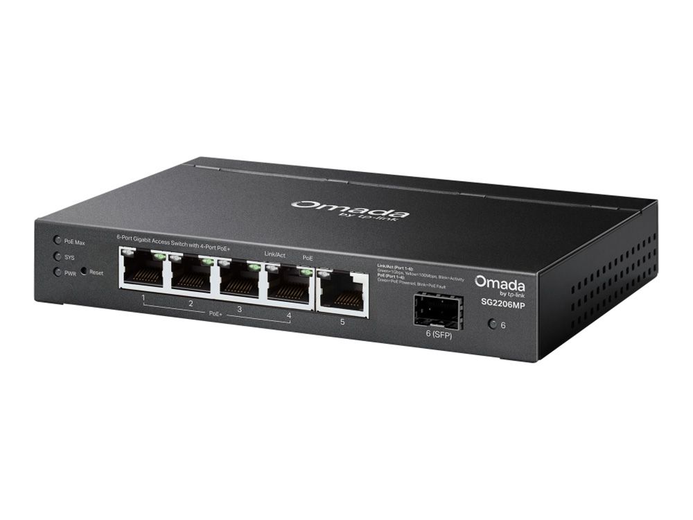 Omada by TP-Link SG2206MP voorkant en zijkant, 5 ethernetpoorten