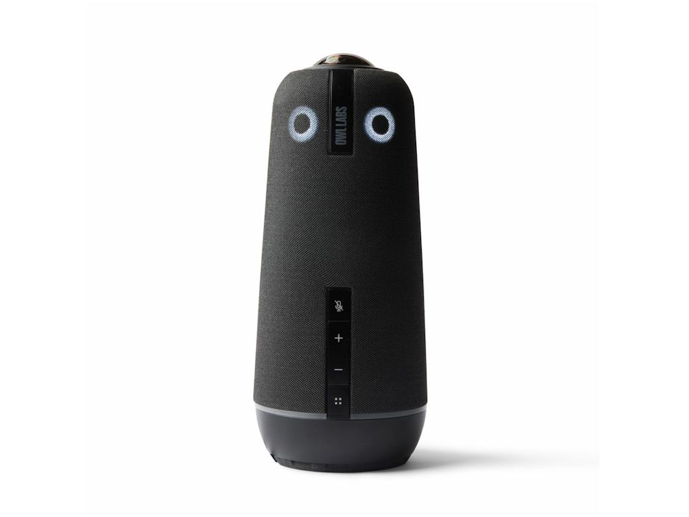 Voorkant van de zwarte Owl Labs Meeting Owl 4+ videoconferentie-oplossing met camera en microfoon en speaker