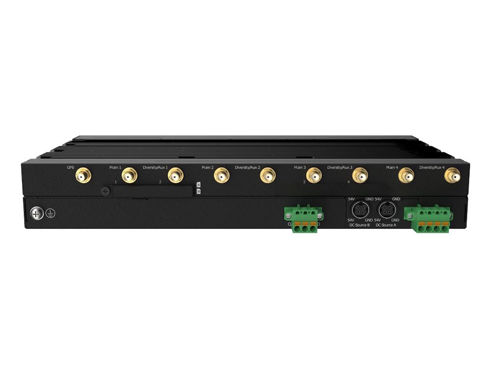 Achterkant van de Peplink MAX HD2 MBX 4G+ Pro CAT-20 router met terminal block connectoren en antenne-aansluitingen