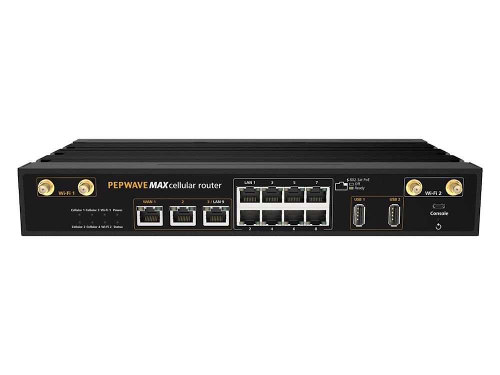 Voorkant van de Peplink MAX HD2 MBX 4G+ dual cat-12 modem router met alle ethernetpoorten en USB poorten en WiFi antenne connectoren