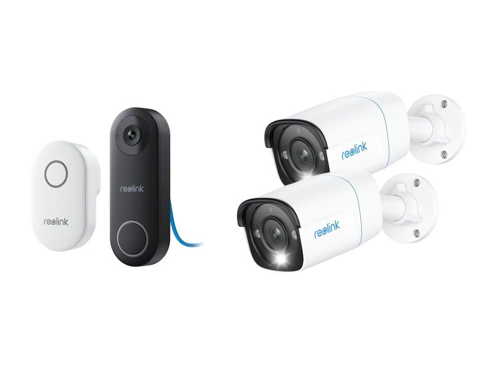 Complete Reolink bundel met Reolink D340P PoE Videodeurbel met gong en twee Reolink P330 8MP outdoor bullet camera's
