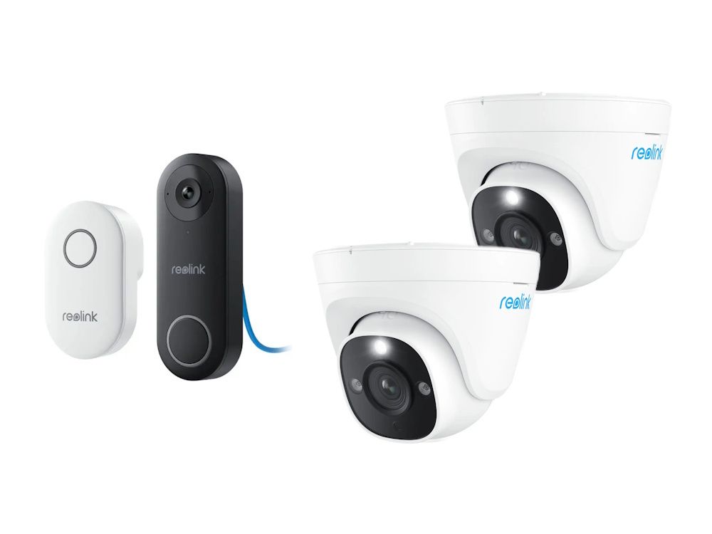 Complete Reolink bundel met Reolink D340P PoE Videodeurbel met gong en twee Reolink P334 8MP outdoor turret camera's