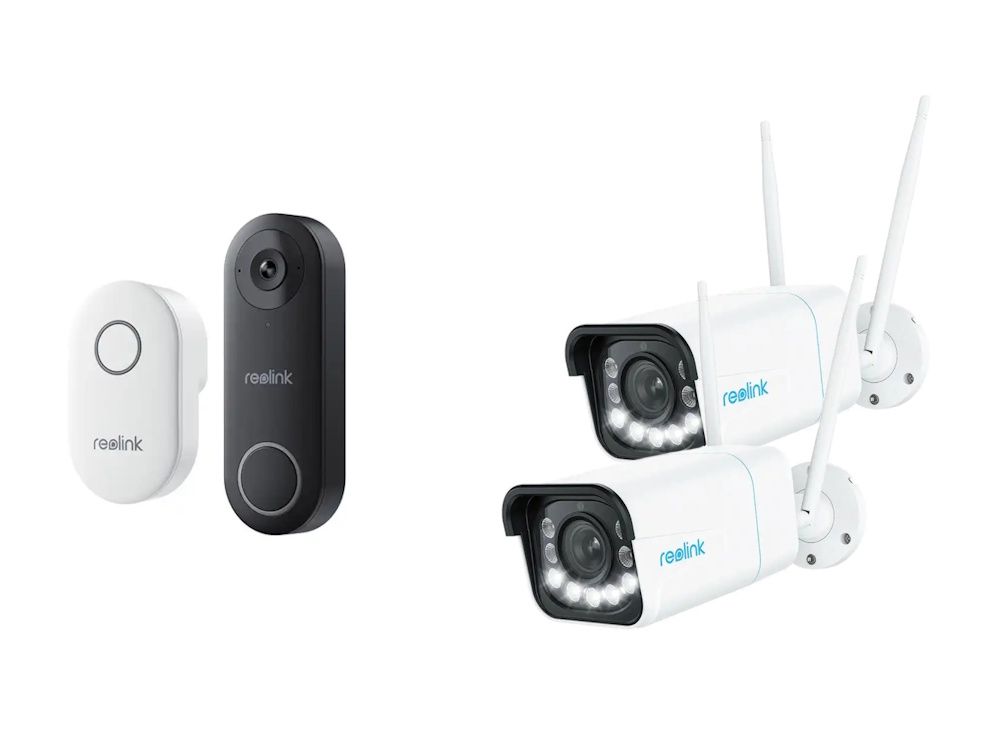 Draadloze Reolink camerabeveiliging set met een Reolink D340W WiFi videodeurbel en twee Reolink W430 outdoor 4K bullet WiFi camera's