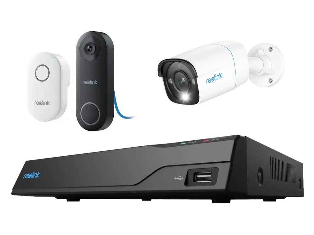 Reolink camerabeveiliging set met Reolink NVS8-2TB NVR en een Reolink P330 outdoor bullet camera en een Reolink D340P PoE videodeurbel