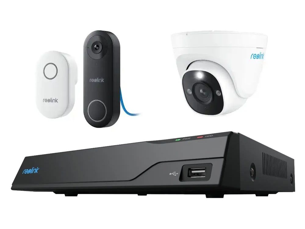 Reolink Camerabeveiliging set met Reolink NVR 8ch en 1x Reolink P334 outdoor 4K turret camera en 1x Reolink D340P PoE videodeurbel