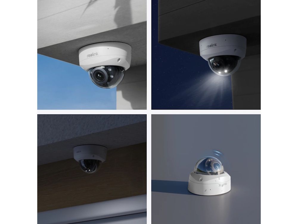 De Reolink P437-W outdoor 4K PoE dome camera met 5x optische zoom geplaatst in verschillende omgevingen buiten overdag en in het donker 's nachts