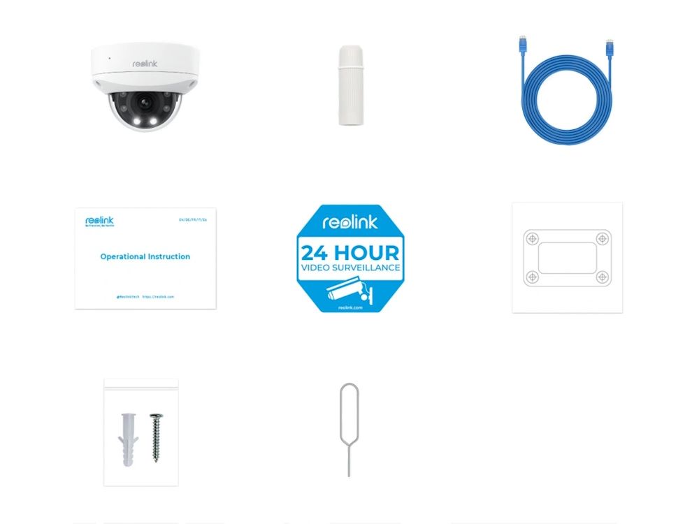 Verpakkingsinhoud van de Reolink P437-W outdoor 4K PoE dome camera met 5x optische zoom