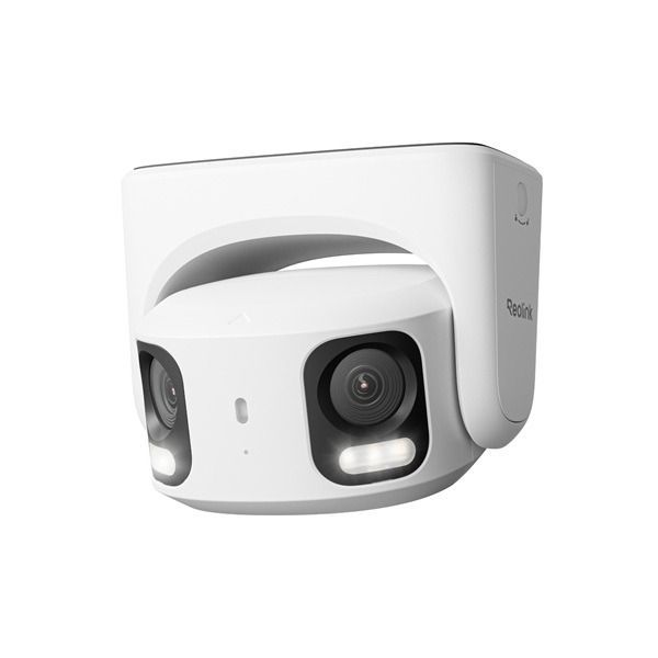 De Reolink RP-PCT16MD-W schuin van voren met de spotlights aan