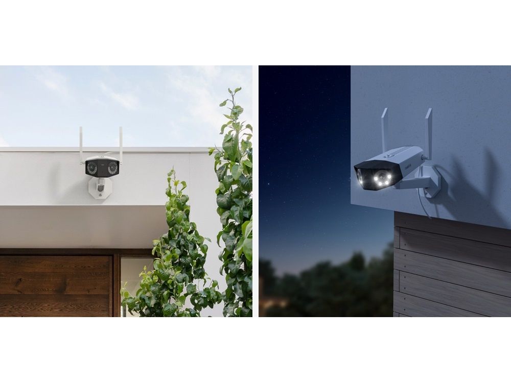 De Reolink W730 WiFi outdoor 4K beveiligingscamera overdag en 's nachts in het donker in gebruik. Gemonteerd aan de buitenkant van een woning of kantoorpand.