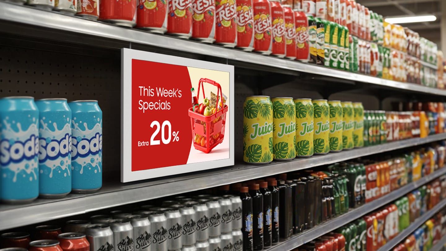 Samsung EM13DX 13” Color E-Paper Display voor digital signage in een winkel of supermarkt