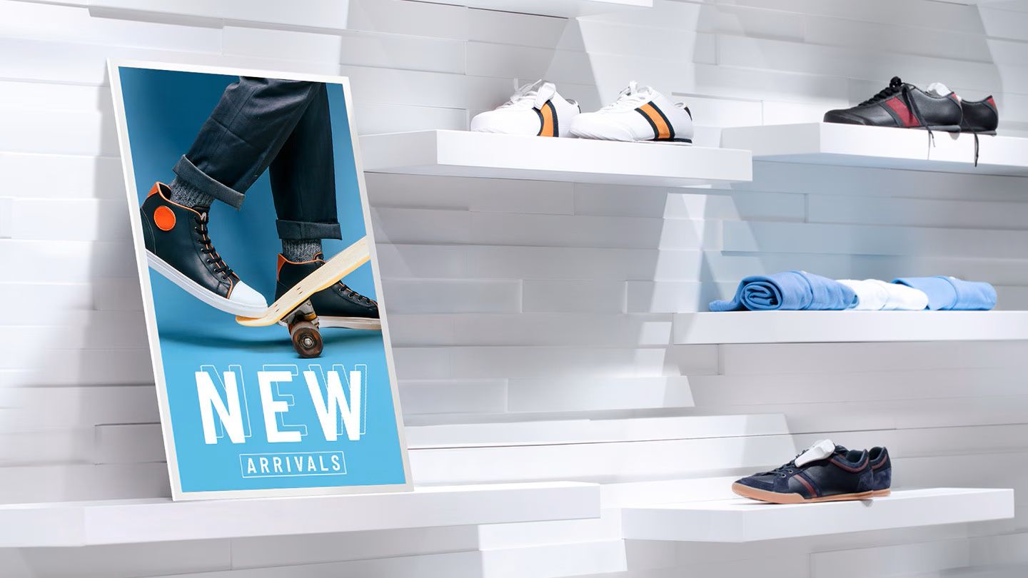 Het Samsung EM32DX 32” color e-paper display in gebruik voor digital signage in een schoenenwinkel