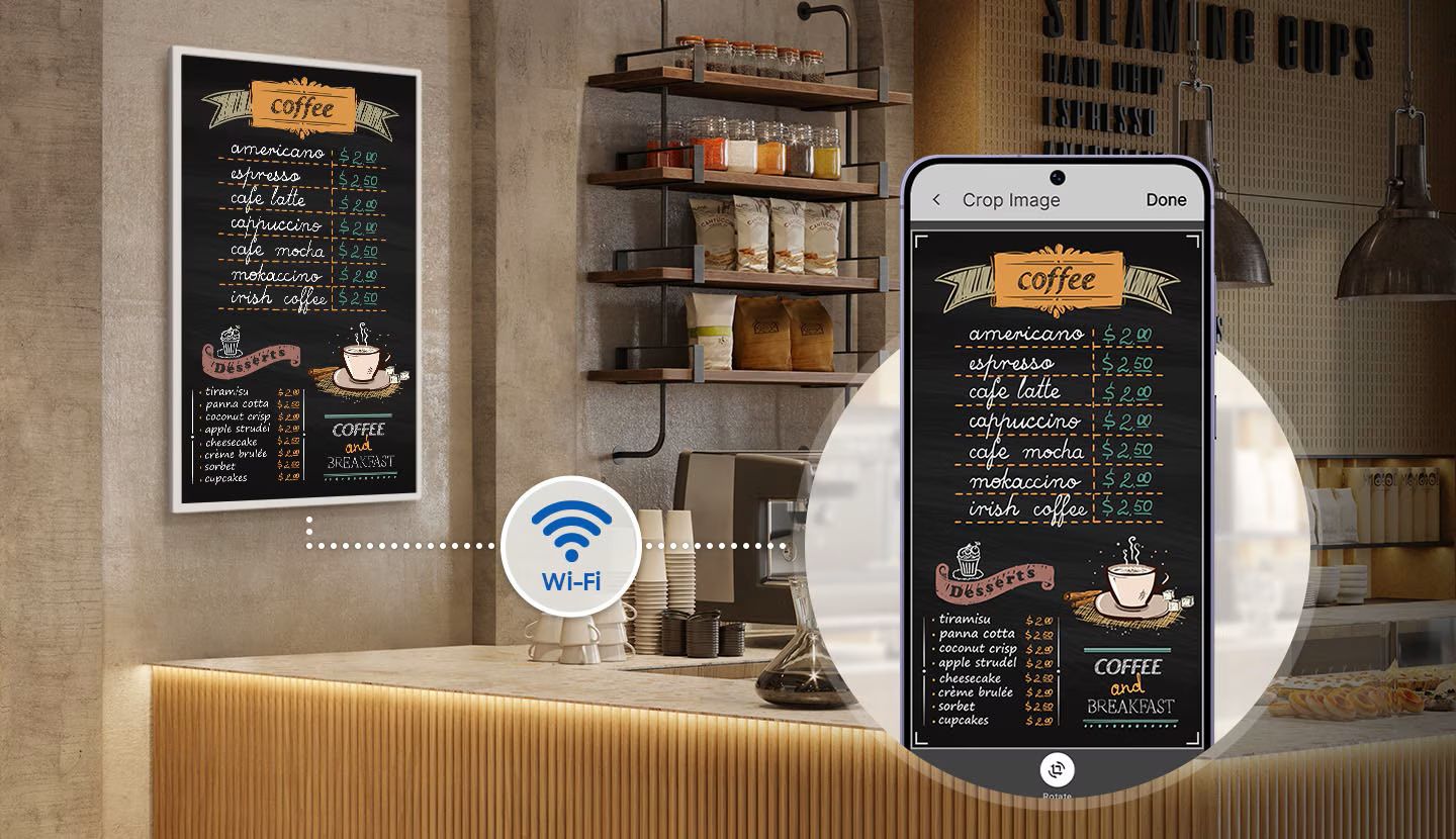 Het Samsung EM32DX 32” color e-paper display in gebruik als menukaart in een koffiezaak