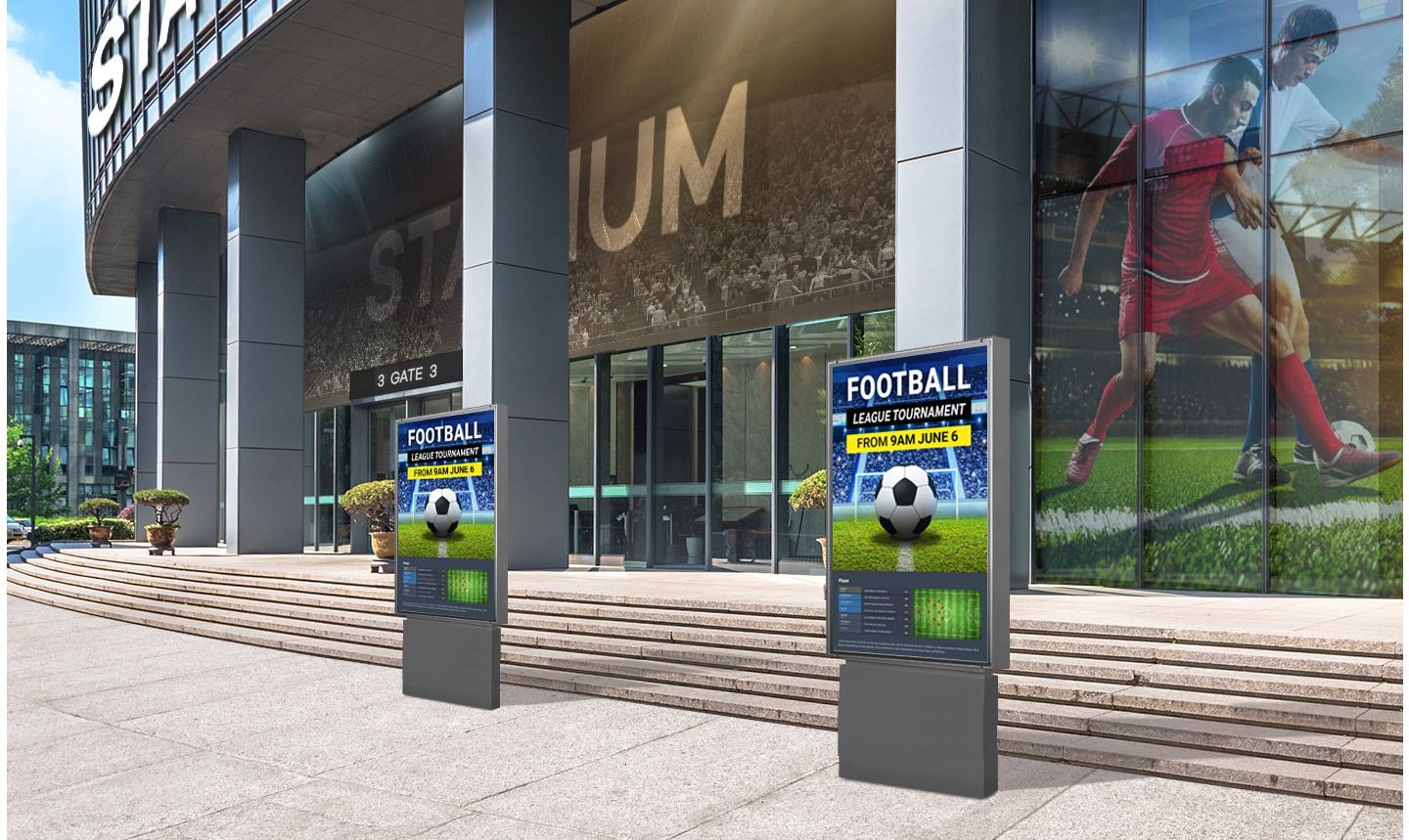 Samsung OH55A-S 55" Outdoor Full HD High Brightness Display voor digital signage buiten bij een voetbalstadion