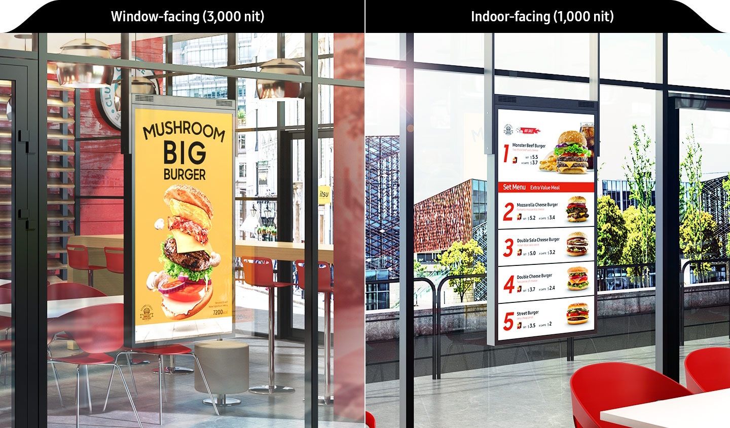 Samsung OM55N-DS dubbelzijdig high brightness etalage display in gebruik in de etalage van een fastfood restaurant
