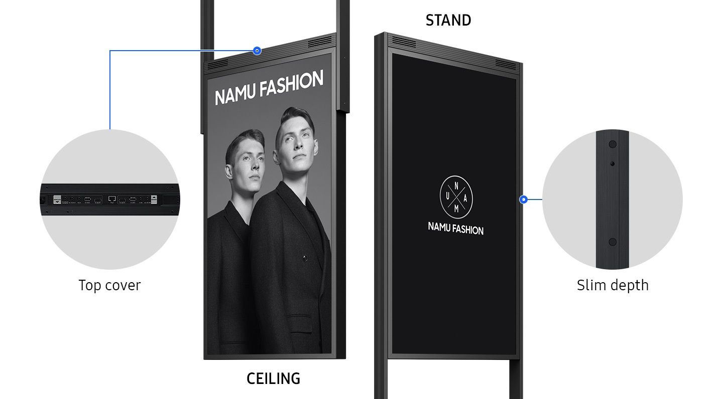 Mogelijke installatie van het Samsung OM55N-DS dubbelzijdig high brightness etalage display voor digital signage