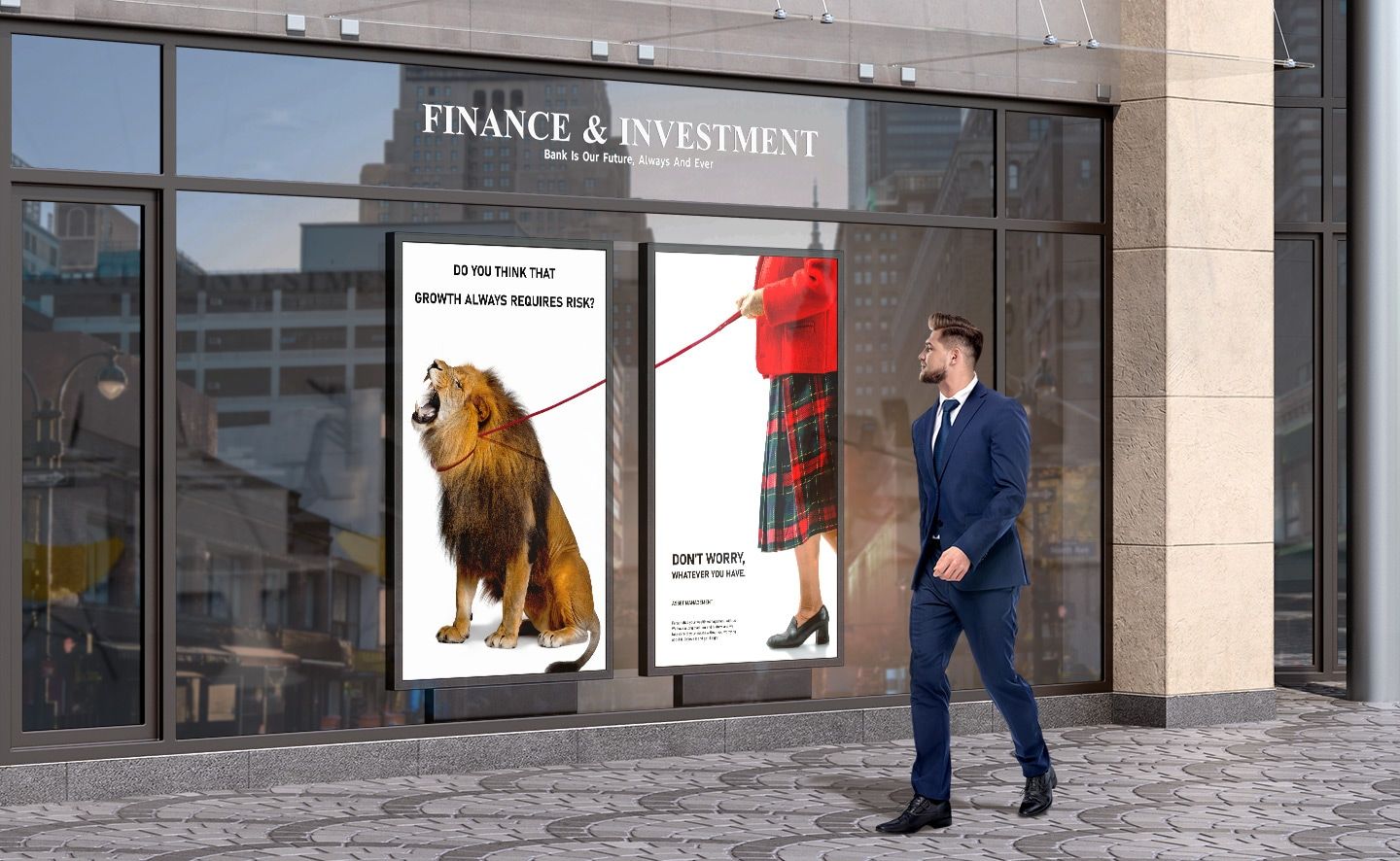 Twee Samsung OM75A 4K UHD High Brightness Etalage Displays hangen in een etalage van een bank filiaal