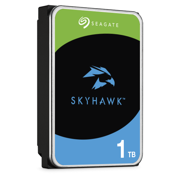 Voorkant en linker zijkant van de Seagate SkyHawk ST1000VX013 1TB HDD 3.5" SATA harde schijf