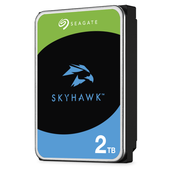 Voorkant en rechter zijkant van de Seagate SkyHawk ST2000VX017 2TB HDD 3.5" SATA harde schijf