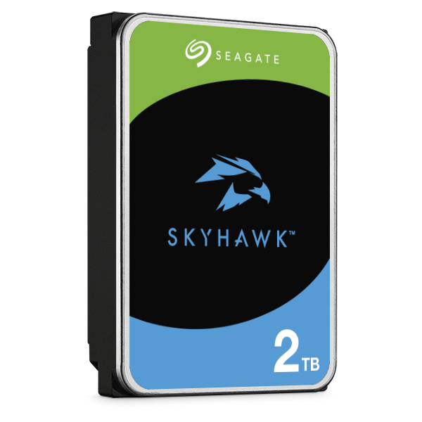 Voorkant en linker zijkant van de Seagate SkyHawk ST2000VX017 2TB HDD 3.5" SATA harde schijf