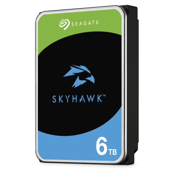 Voorkant en rechter zijkant van de Seagate SkyHawk ST6000VX009 6TB HDD 3.5" SATA harde schijf