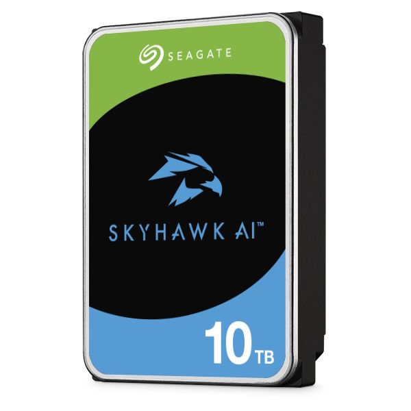 Rechter zijkant en voorkant van de Seagate SkyHawk AI 10TB HDD 3.5" SATA harde schijf (ST10000VE001)