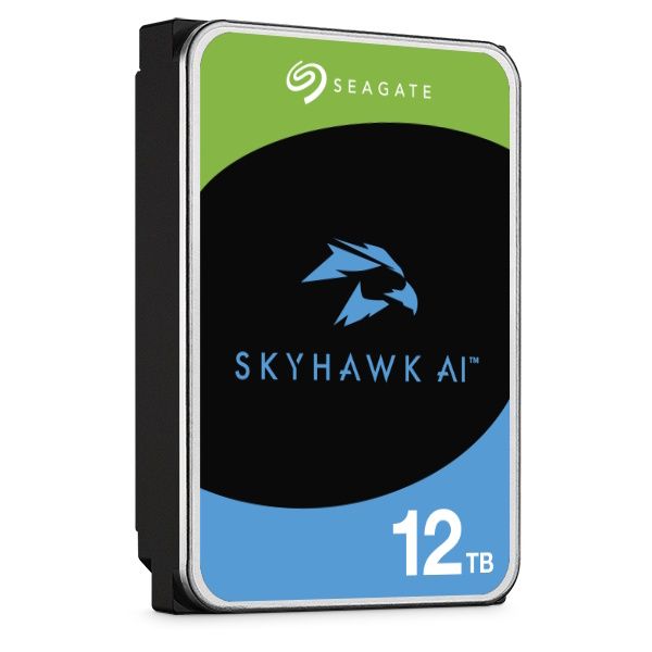 Linker zijkant en voorkant van de Seagate SkyHawk AI 12TB HDD 3.5" SATA harde schijf (ST12000VE003)