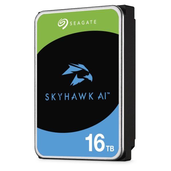 Rechter zijkant en voorkant van de Seagate SkyHawk AI 16TB HDD 3.5" SATA harde schijf (ST16000VE004)