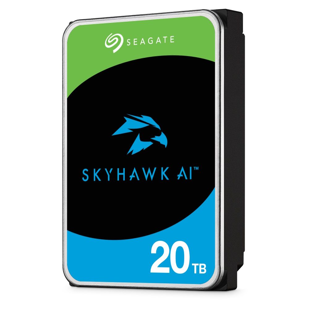 Rechter zijkant en voorkant van de Seagate SkyHawk AI 20TB HDD 3.5" SATA harde schijf (ST20000VE002)